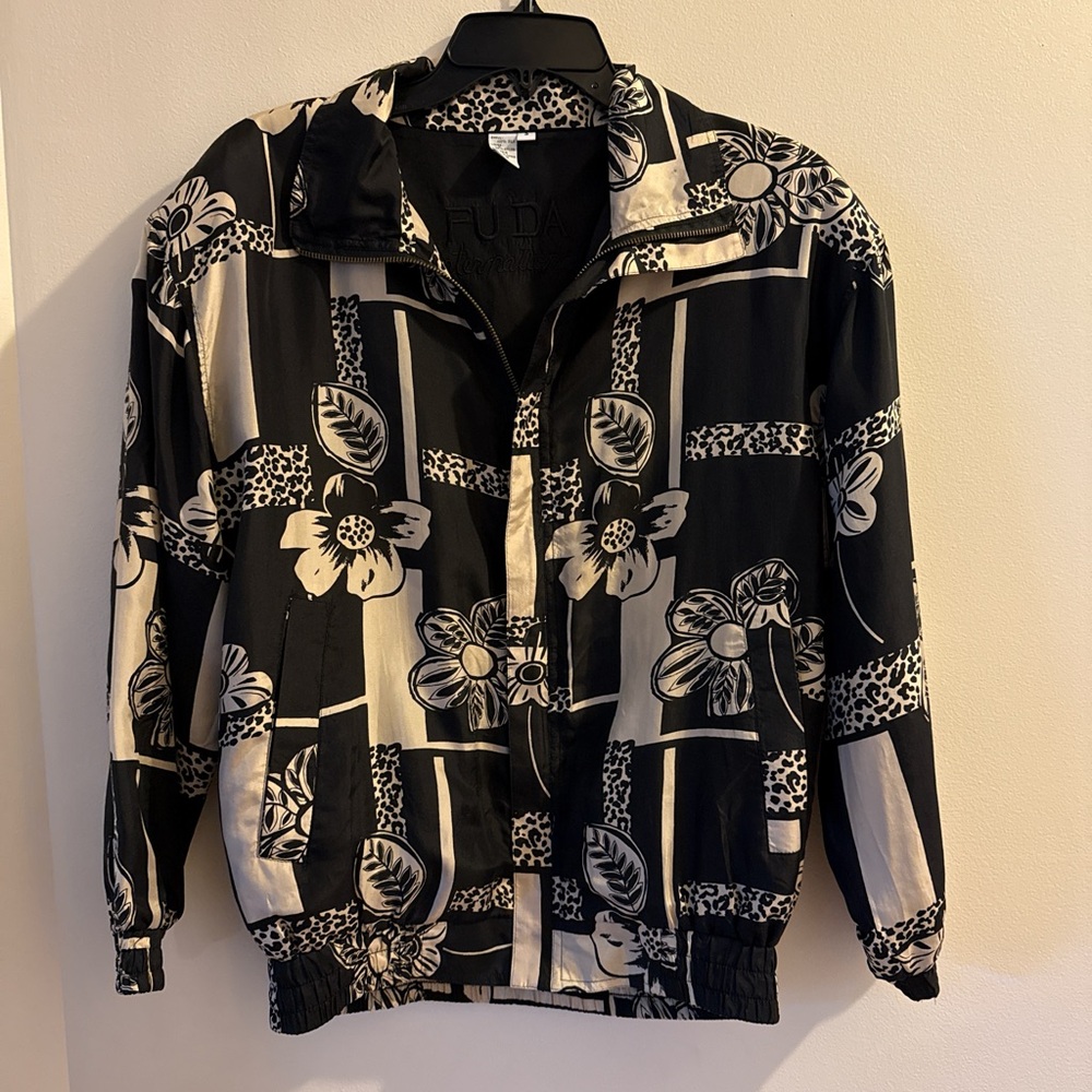 FU DA International Vintage Black Jacket with Cream Floral Accents 100% silk
